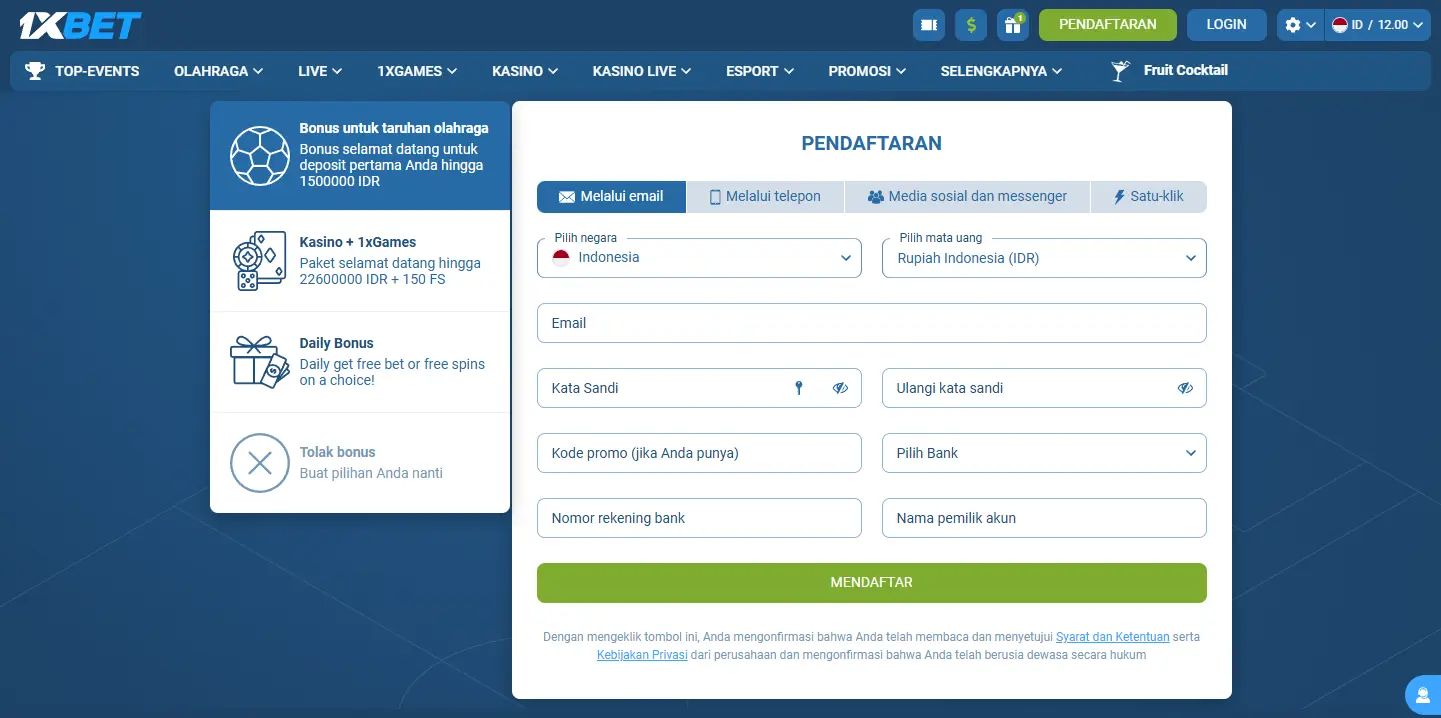 Cara daftar 1xBet melalui website