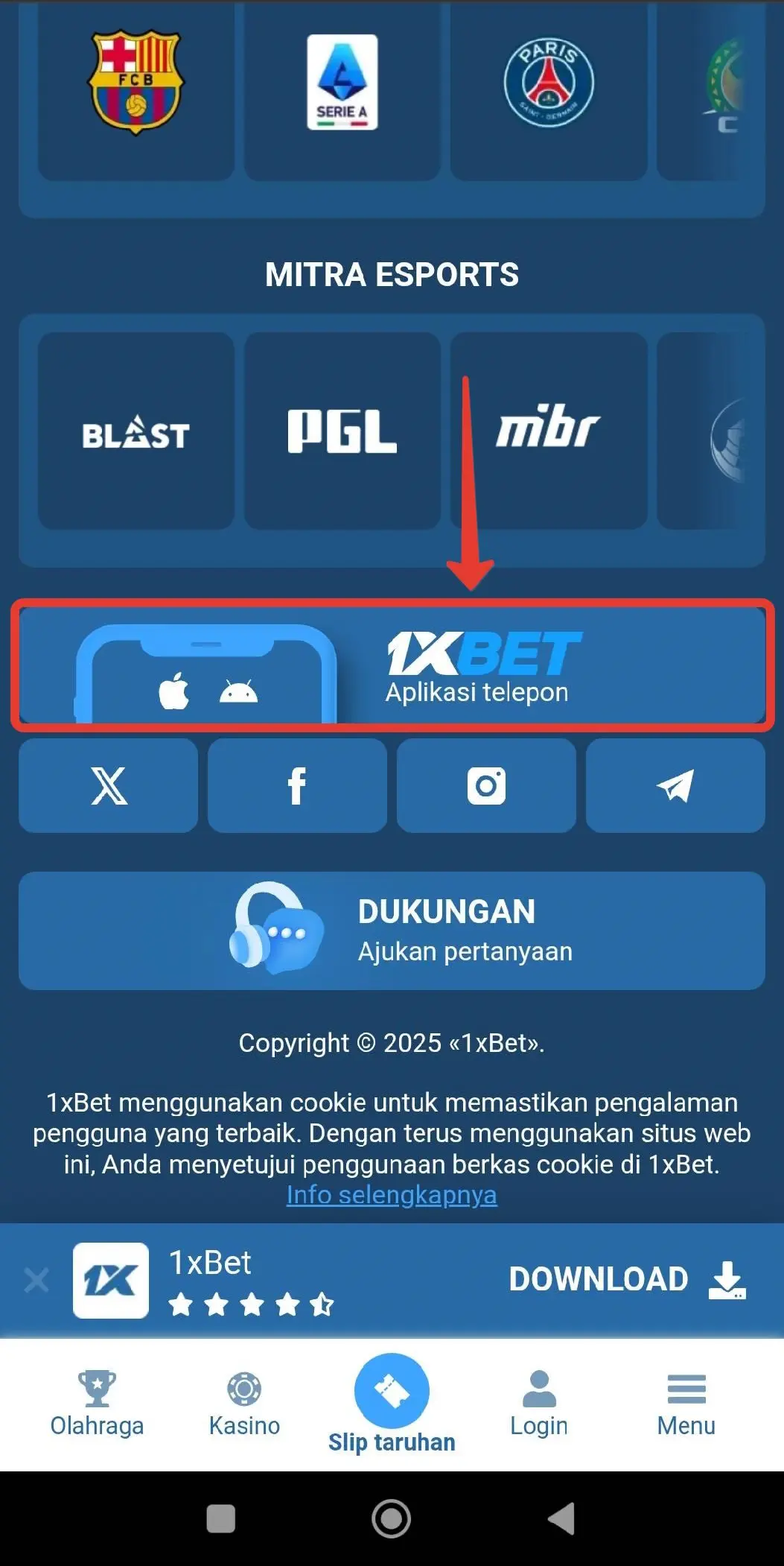 1xBet mobile application interface